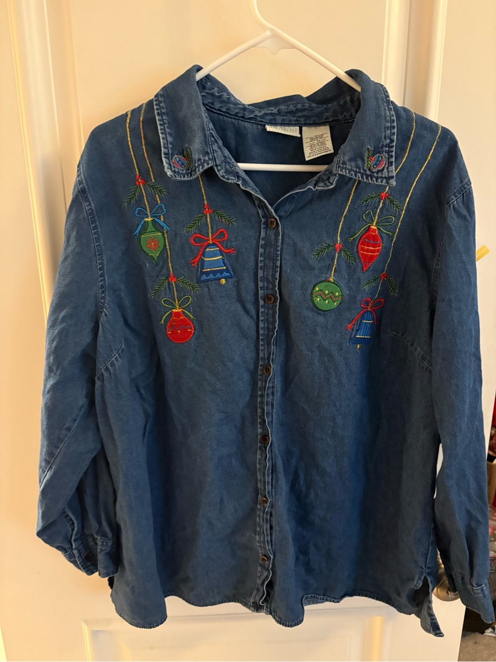 Vintage Holiday Embroidered Denim Button Up Shirt